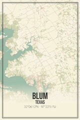 Retro US city map of Blum, Texas. Vintage street map.