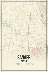 Fototapeta na wymiar Retro US city map of Sanger, Texas. Vintage street map.