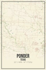 Retro US city map of Ponder, Texas. Vintage street map.