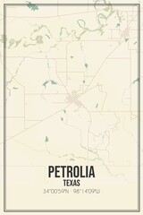 Retro US city map of Petrolia, Texas. Vintage street map.