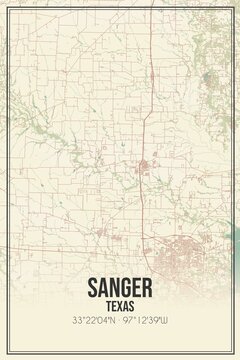 Retro US city map of Sanger, Texas. Vintage street map.
