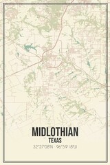 Retro US city map of Midlothian, Texas. Vintage street map.