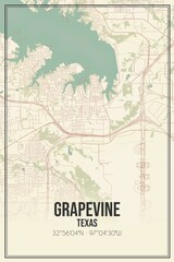 Retro US city map of Grapevine, Texas. Vintage street map.