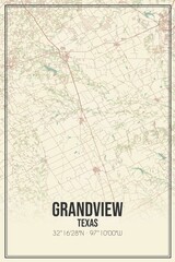 Retro US city map of Grandview, Texas. Vintage street map.