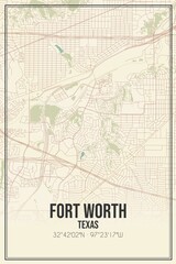 Retro US city map of Fort Worth, Texas. Vintage street map.