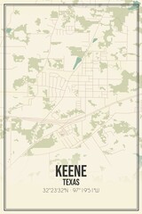 Retro US city map of Keene, Texas. Vintage street map.