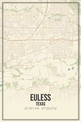 Retro US city map of Euless, Texas. Vintage street map.