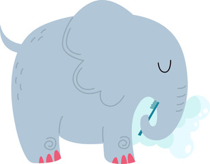 Cute elephant brush teeth flat icon Funny wild animal