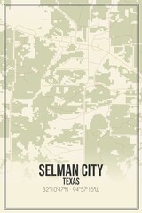 Retro US city map of Selman City, Texas. Vintage street map.