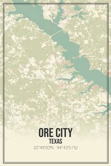 Retro US city map of Ore City, Texas. Vintage street map.