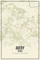 Retro US city map of Avery, Texas. Vintage street map.