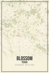 Retro US city map of Blossom, Texas. Vintage street map.