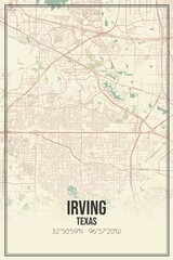 Retro US city map of Irving, Texas. Vintage street map.