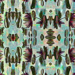 Retro kaleidoscope floral seamless pattern. Vintage geo gender neutral fashion swatch for botanical cottagecore wallpaper. Trendy watercolor for splotched flower texture. 