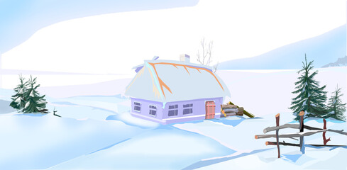 Winter landscape with a house and firs in blue tones. Winter cartoon.