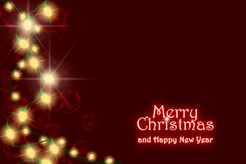 Dark red Merry Christmas and Happy New Year banner with garlands of lights and transparent spheres. Large space for text or image. Party marketing concept.