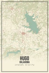 Retro US city map of Hugo, Oklahoma. Vintage street map.