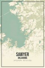 Retro US city map of Sawyer, Oklahoma. Vintage street map.