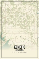 Retro US city map of Kenefic, Oklahoma. Vintage street map.
