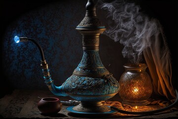 Obraz na płótnie Canvas Oriental Arabic hookah with smoke and neon light, night view. Antique hookah of precious metals and stones, oriental antiques. AI