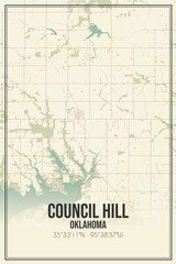 Retro US city map of Council Hill, Oklahoma. Vintage street map.