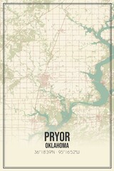 Retro US city map of Pryor, Oklahoma. Vintage street map.