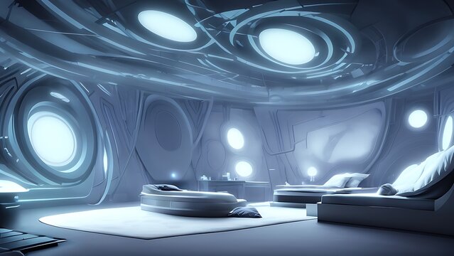 The bedroom of a spaceship. Concept of a futuristic bedroom.