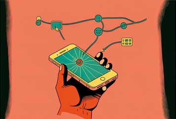 a hand holding a smartphone and an internet connection network in the top view. Generative AI