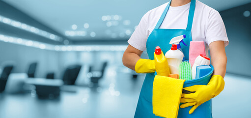 A cleaning lady stands with a bucket and cleaning products on a blurred background.