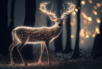 A magic festive reindeer covered in glowing lights in a winter scene. Generative Ai - obrazy, fototapety, plakaty