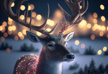 A magic festive reindeer covered in glowing lights in a winter scene. Generative Ai