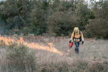 Obraz na płótnie Canvas Firefighter Fighting Wildfire in Forest in California