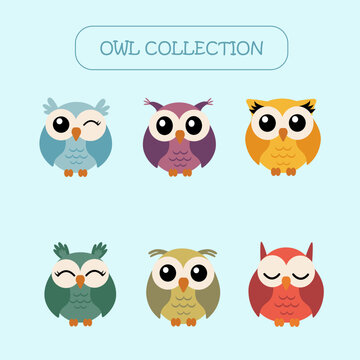 owl vector icons with different emotions and colors
