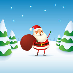 Cute and happy Santa Claus - winter landscape vector illustration