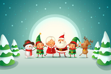 Cute friends Santa Claus, Mrs Claus, Elves girl and boy, Reindeer and Snowman celebrate Christmas holidays - vector illustration on winter landscape