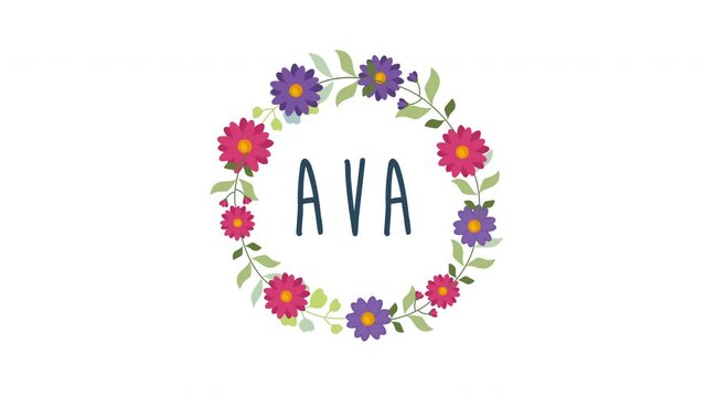 ava girls name motion animation concept.woman name with floral wreath