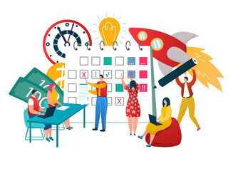 Business creative teamwork vector illustration. Business professional people working together in group in office, brainstorming.