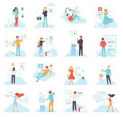 Man and Woman Character Using Wireless Digital Modern Technology Big Vector Set
