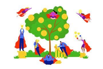 Obraz premium Business hero, people in superhero suits, power persons vector illustration. businessmen and businesswoman working in team. Corporate super hero.