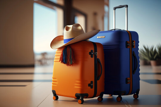 orange and blue Suitcases with hat, travel concept, generative ai
