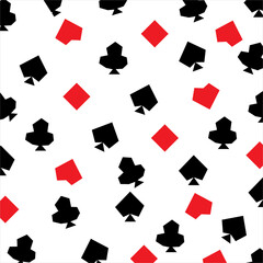 Seamless casino gambling poker background with red and black symbols in irregular formation, retro styled vector illustration. for printing on cloth and paper.