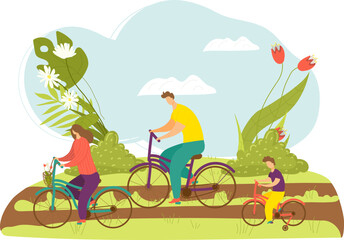 Obraz na płótnie Canvas Eco life concept, healthy organic natural nutrition, ecology vector illustration. Ecological diet and sport. Bicycling family around green planet.