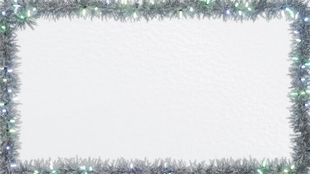 christmas card happy new year greeting card frame animation with christmas wreath and christmas tree pine leaves and branches and christmas LED lights on the realistic white snow background.