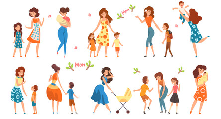 Mothers and Their Kids Talking, Walking and Having Good Time with Their Children Vector Set