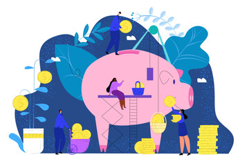Vector flat illustrations, big piggy bank on white background, financial services, bankers do the work, hoard or save money. Moneymaker.