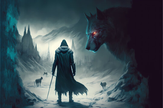 A black man in a robe with spear facing a giant wolf, winter snow in the  night, digital illustration generative ai art style Stock Illustration |  Adobe Stock