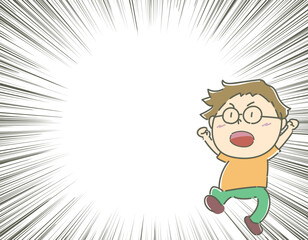 怒る　怒り　飛ぶ　飛び上がる　メガネ　男の子　集中線