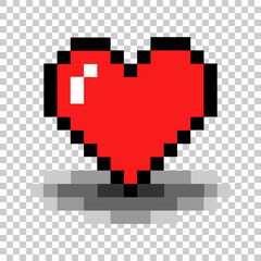 Red pixel hearts with black outline and shadow isolated on transparent background. Computer games graphics. Icon. Isolated vector illustration