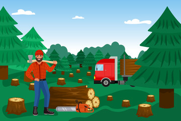 Lumberjack with woodcutter in forest, timber vector illustration. Lumber wood, cutting logs worker cartoon character. Lumberman.