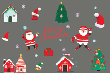 New Year set of illustrations. Christmas trees, santa hat, gingerbread house. Merry Christmas